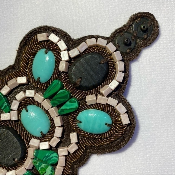 STELLA & DOT Cortez Cuff Turquoise, Green Glass, Brown Leather One Size (EUC) - Picture 6 of 14